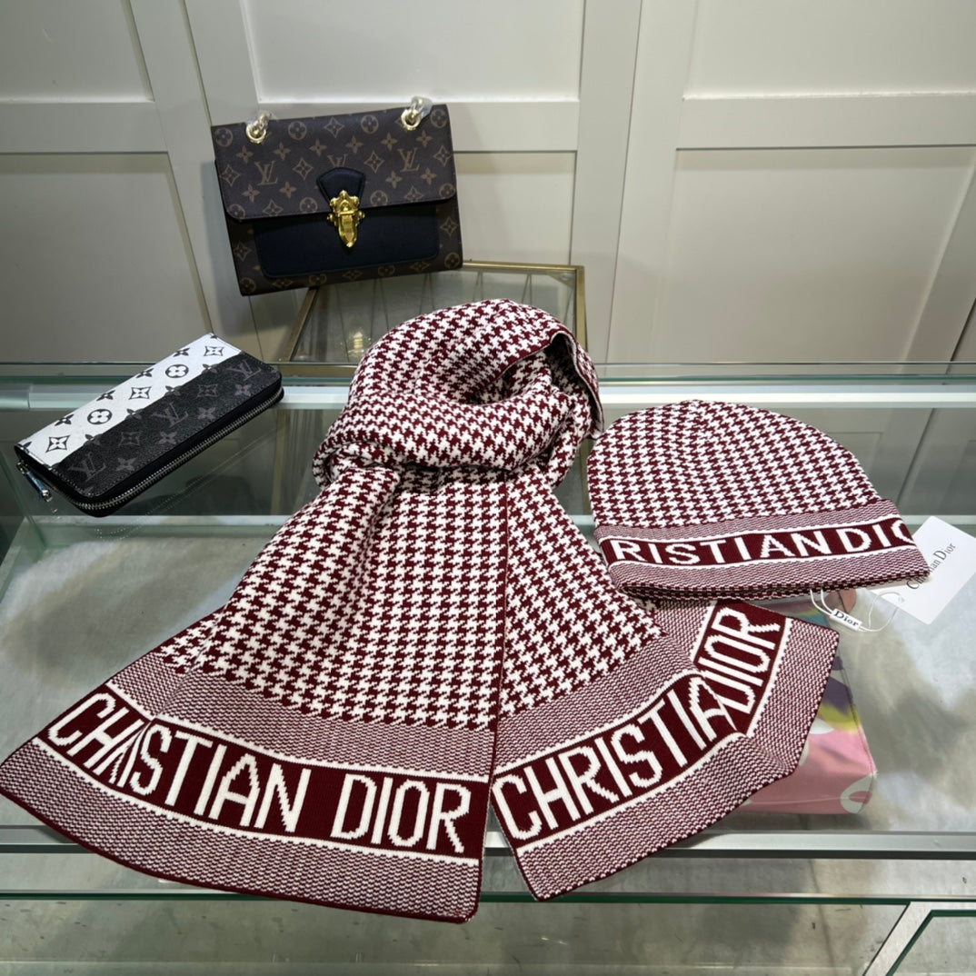 Classic Houndstooth Cashmere Scarf Hat Set