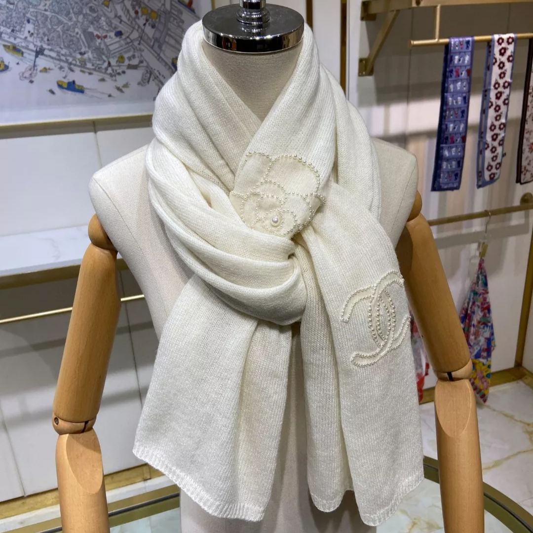 Elegant Camellia Pearl Cashmere Scarf